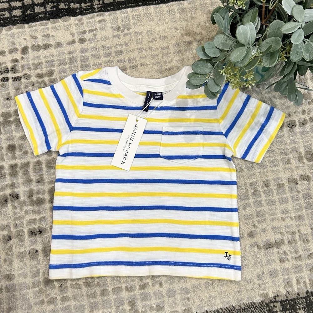 Janie And Jack Boys Basic Yellow And Blue Stripe T With Pocket Size 12-18month